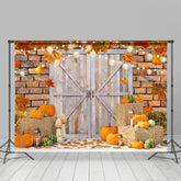 Lofaris Wood Door Pumpkin Maple Leaves Light Autumn Backdrop